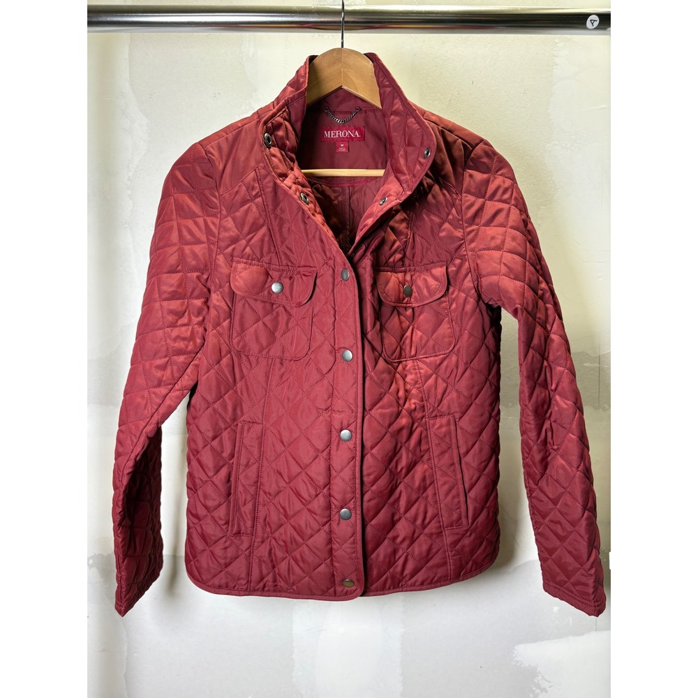 Merona Womens Medium Burgundy Red Quilted Snap Front Barn Jacket Mock Neck Coat